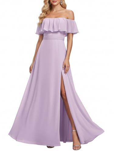 Image of Ever-Pretty Women's Summer Off The Shoulder Flowy Chiffon Formal Wedding Guest Dresses Maxi Side Split Beach Bridesmaid Dress