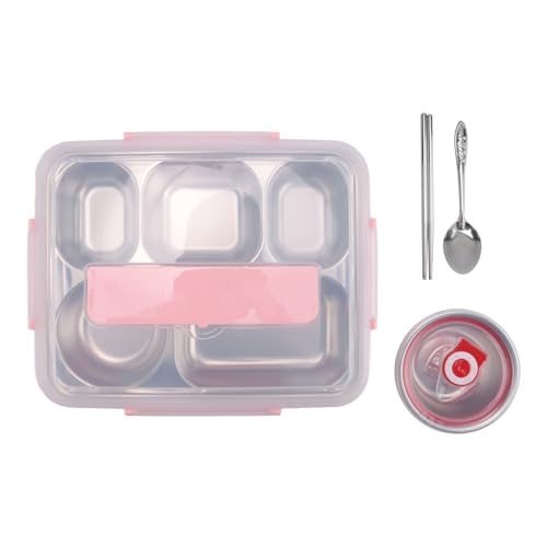 Qusedwey 5 Scomparti Pranzo al Sacco in Acciaio a Prova di Perdite Bento Scatole Contenitore per Zuppe per la Scuola (Rosa)
