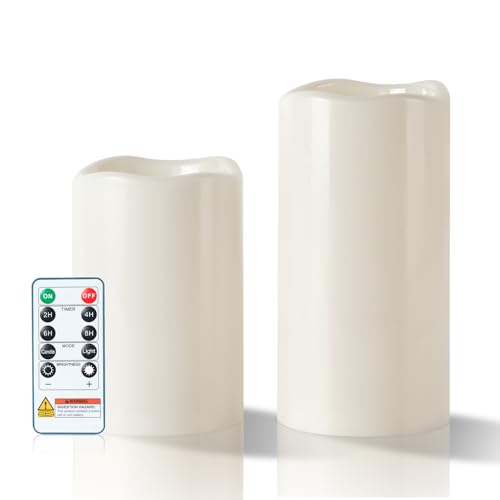 Image of 5plots Large Outdoor Waterproof Flameless Candles White 4 inchx6 inchx8 inch Set of 2 | Waterproof outdoor LED pillar candles with remote and smart timer control, battery operated for patio, porch & lantern decor