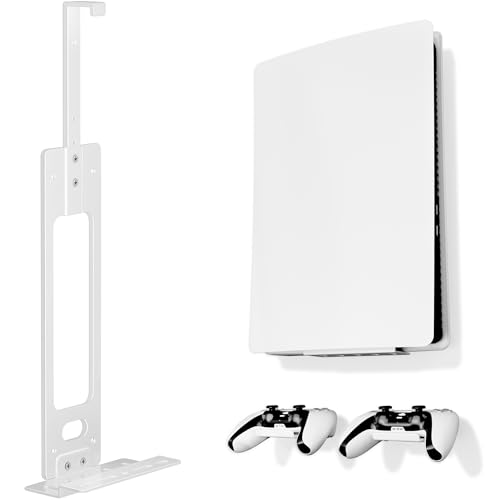 PS5 Wall Mount Kit for PlayStation 5 Console Compatible with PS5 Disc Digital Slim & Pro Models Space Saving Console Mount with 2 Controller Wall Holders (White)