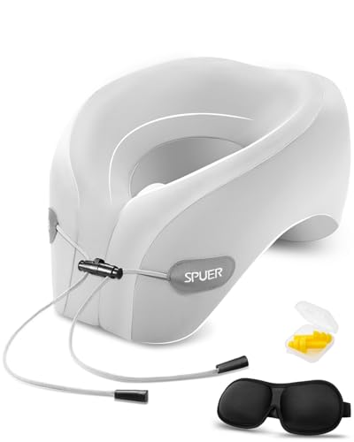 SPUER Ergonomic Neck Pillow for Travel – Comfortable Support for Airplane, Car, and Office with Eye Mask & Earplugs (Gray)