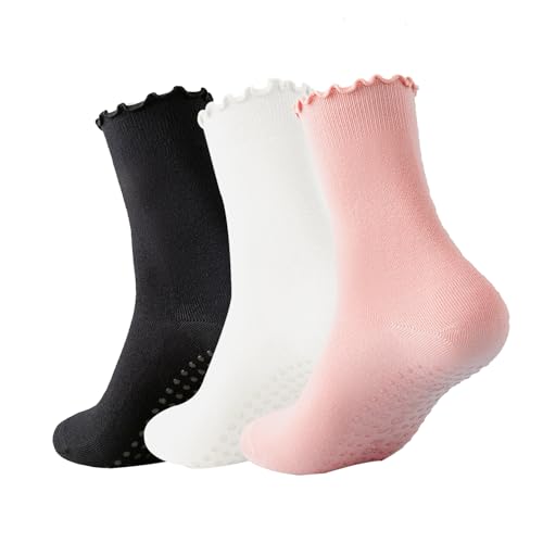 Image of 3 Pairs Pilates Socks with Grips Non-slip Ruffle Yoga Sock Grip Sock for Women