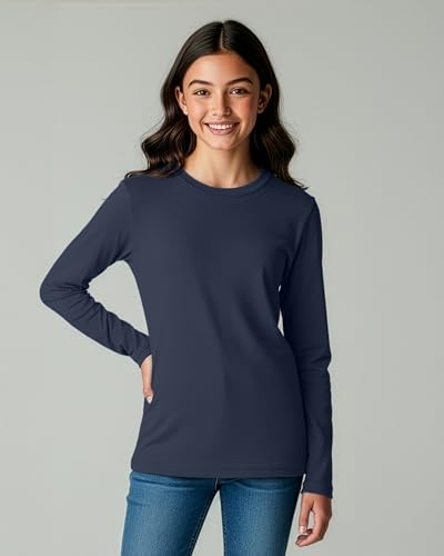 Image of Real Essentials 4 Pack: Girls' Cotton Long Sleeve Crew Neck T-Shirt - Athletic Tee Shirt for Teens Kids Youth (Ages 4-16)