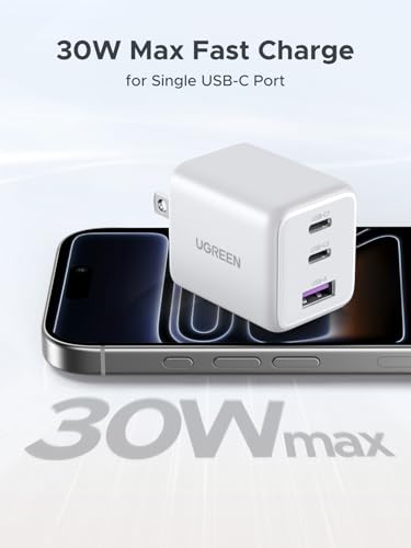 Image of UGREEN 3-Port 30W USB C Charger Block, GaN II Type C Fast Charging, White | 2 USB-C & 1 USB-A, Compact Size, Multiple Protection, for iPhone 17 /16 /15, Galaxy S26 /S25, iPad, MacBook Neo /Air