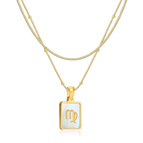 LETFLY Virgo Zodiac Gold Necklace Stack for Women 18K Gold Plated Square Shaped Pendant with Adjustable Layered Snake Chain for Women Jewelry Gifts