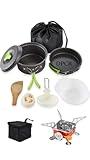 DPCR 11-Piece Camping Cookware Mess Kit with Gas Stove, Lightweight Nonstick Pot & Pan Set with Spork, Bowls, Sponge & Travel Bag – Compact Outdoor Cooking Gear for Backpacking, Hiking, Scouts