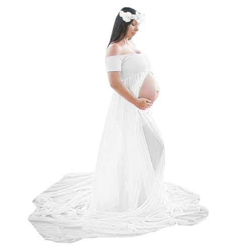 Vestido de maternidad para fotografía, hombros descubiertos, de gasa, con abertura frontal, largo, vestido de embarazada para sesión de fotos, vestido de maternidad de manga corta, blanco, L