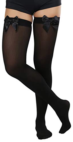 Image of ToBeInStyle Women's Opaque Long Thigh High Stockings w /Decorative Front Satin Bow