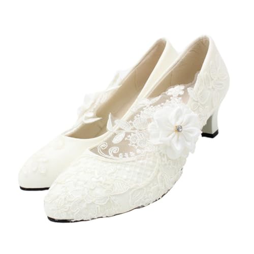 Chaussures de mariage blanches en dentelle avec talon carré 5 cm