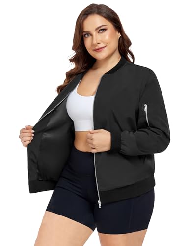 FOREYOND Women's Plus Size Bomber Jacket Zip Up Lightweight Coat Casual Cropped Windbreaker Outwear with Pockets4