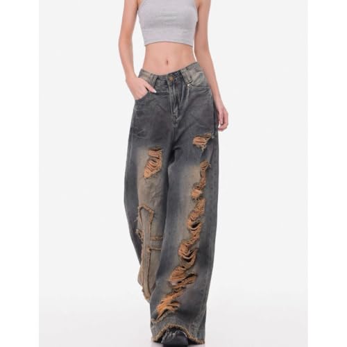 Y2K Women's Baggy Jeans with Cross Leg Embroidery & Ripped Details High Waisted Distressed Wide Leg Pants2