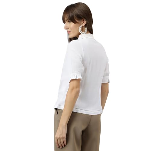 Image of Latin Quarters Women White Spread Collar Short Sleeves Solid Shirt for Casual Wear