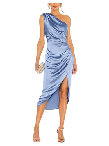 Image of Satin Bridesmaid Dresses for Women One Shoulder Prom Dress Pleated Midi Formal Cocktail Gown Wedding Guest Dress with Slit