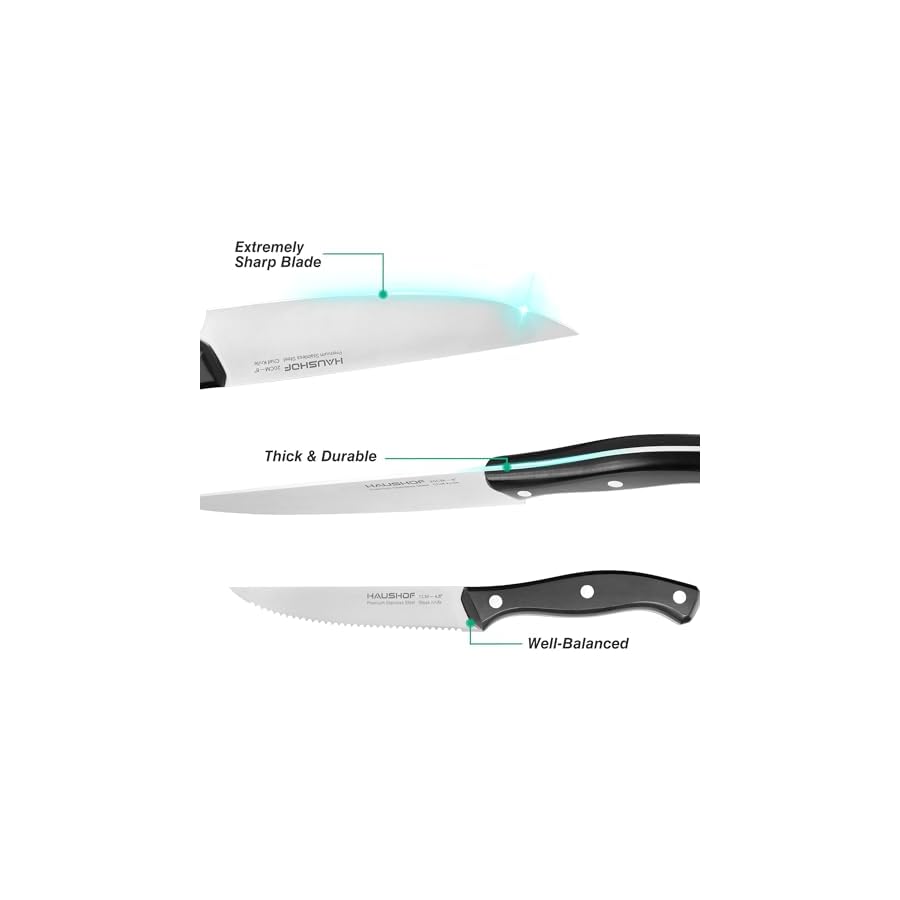 HAUSHOF 14 PCS Kitchen Knife Set With Block Wooden, Razor-Sharp Stainless Steel, Forged Triple Rivet, Chefs, Santoku, Slicing, Utility & 6 Steak Knives, Black