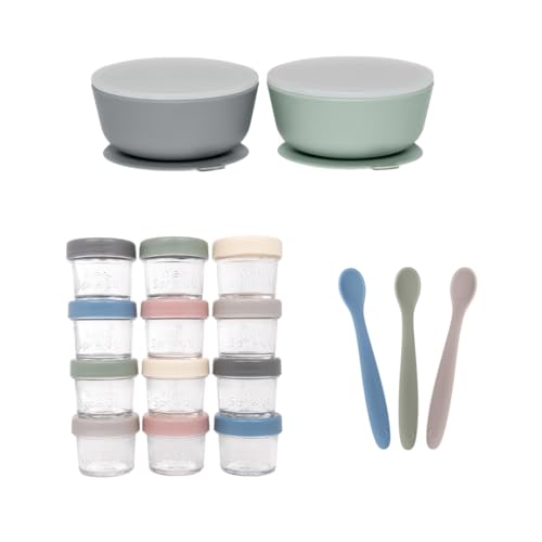 Image of WeeSprout Baby Feeding Bundle - Glass Food Storage Jars - 2 Silicone Suction Bowls - 3 Soft-Tip Baby Spoons - Microwave & Dishwasher Safe - Infant to Toddler Mealtime Kit