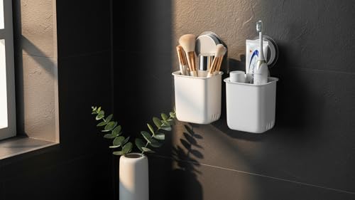 Image of Wall-Mounted Tooth Brush Holder Bathroom - Self-Adhesive Bathroom Organiser Without Drill for Toothbrushes, Toothpaste and Makeup Brushes - Plastic Brush Holder for Bathroom (2, Whitee)