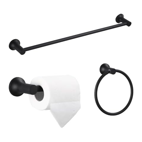 Cavoli Black Bathroom Hardware Set Wall Mounted, 24'' Towel Bar,Toilet Paper Holder,Towel Ring,3-Piece Lavatory Shower Set, Matte Black Cover