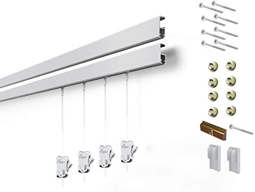 STAS Cliprail Pro Picture Hanging System Set - Covers 9.84 ft of Wall Space - Heavy Duty Picture Rail & Art Hanging Gallery Kit Without Nails - Home or Museum (Matte Silver Rails, 4 Hooks & Cords)