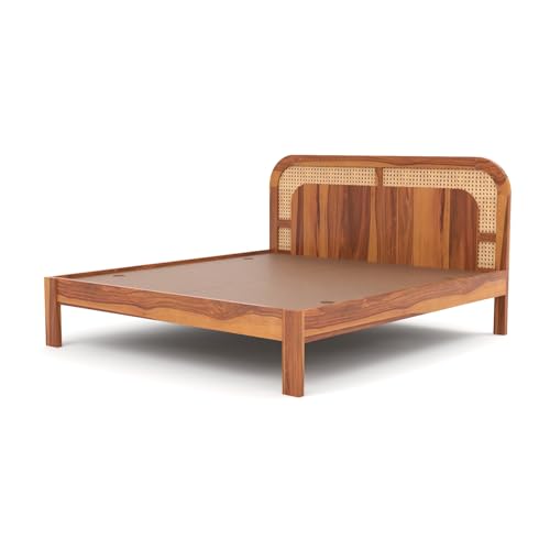 Image of Sheesham Wood Cane Bed Without Storage for Bedroom | Queen Size Wooden Double Bed Palang with Curved Rattan Headboard (Honey Finish)
