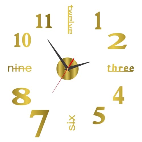 SEEK RARE DIY Wall Clock Silent Frameless Wall Clocks Battery Operated 15.7 Inch Gold Acrylic Wall Clock Sticker Modern Wall Clocks for Living Room Kitchen Bedroom Office (S)