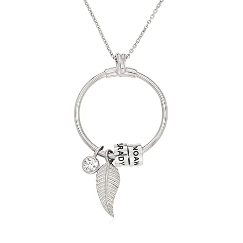 Myka - Personalized Circle Necklace With Engraved Stacking Beads / Up To 5 Charms With Hanging Leaf & Cz Stone For Woman / Sterling Silver & Gold Plating / Jewelry Gift For Mother’s Day #TOP1