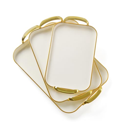 JEESA Set of 3 Serving Platters with Handles 16.5/15/13.2 Inch Large Party Serving Trays, Reusable Rectangular White Plastic Trays for Food, Dinner, Cookie, Cake, Turkey, Cheese, Fruit, Appetizer