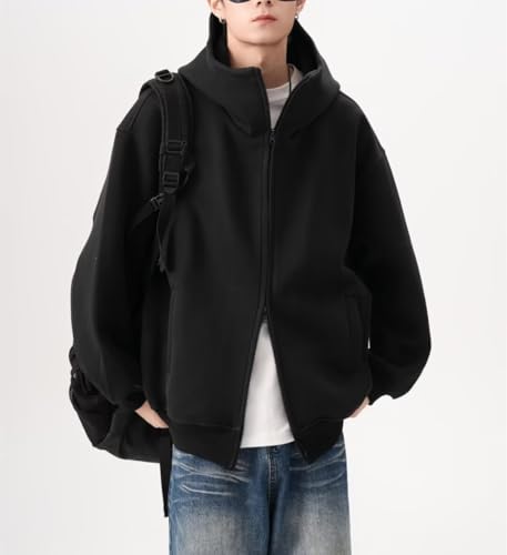 Mens Zip Up Hoodie Oversized Sweatshirt for Women Heavyweight Couple Hooded Sweatshirt With Pockets (US, Alpha, Large, Regular, Long, BLACK)4