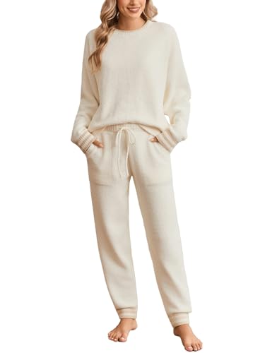 Snuggle Sac Ultrasoft Womens Pajama Set Cozy Warm Fleece Loungewear Long Sleeve 2-Piece PJs for Chilly Days & Nights(Medium Ivory)