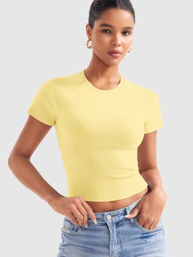 YEOREO Women Tops Baby T-Shirt Short Sleeve Crew Neck Going Out Crop Top Corriny Slim Fit Workout Basic Baby Tee4
