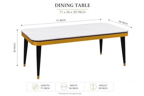 Image of WOODEN SPACE 6-Seater Wooden Dining Table Set | Nano Composite Marble Top | Solid Wood Base | Modern Dining Room Furniture with 6 Chairs (Yellow Vintage)
