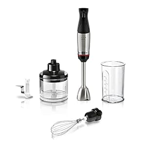 Bosch Stabmixer ErgoMaster Serie 6 MSM6M622, einhändig bedienbar, Edelstahl-Klingen, verschleißfreie Keramik-Kupplung, Luftkühlung, Zerkleinerer, Schneebesen, Mixbecher, 1000 W, Edelstahl