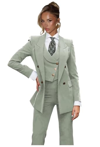 Fashion Sage Green Suits for Women 3 Piece Set Petite 4 Button Long Sleeve Peak Lapel Womens Suit Wide Leg Pant Suits for Women Size X-Small