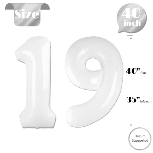 Image of White Number 19 Balloon 40 inch, 19 Number Balloons, 19th White Birthday Decorations 19 Year Old Party Supplies