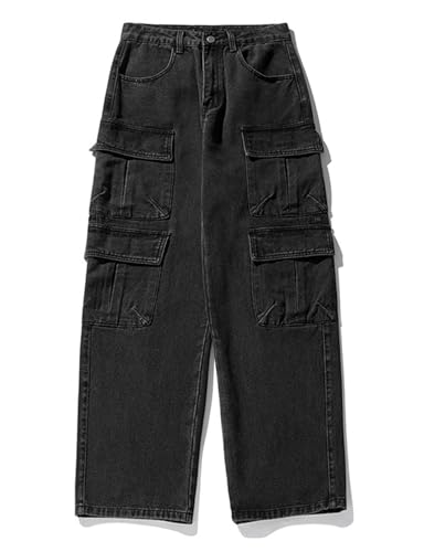 Men's Loose Cargo Pants Mulit Pockets Straight Leg Denim Jeans Casual Trousers2