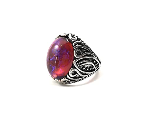 Little Gem Girl Unisex Synthetic Mexican Fire Opal Ring Czech Glass Dragons Breath 13x18mm Stone Thick Swirl Band