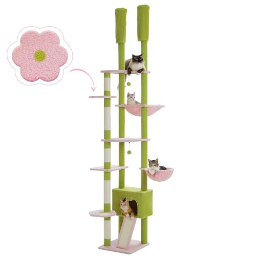 PEQULTI Tall Cat Tree Floor to Ceiling Cat Tower Adjustable Height (90.5''-100.4'' = 230cm-252cm) with Cat Condo, Cozy Hammock and Scratching Post, Pink Flower Climbing Tree for Indoor Cats, Pink