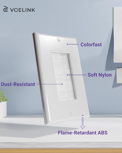 VCE Brush Wall Plate Cable Pass Through, Single Gang Decorator Wall Cover for Low Voltage Cables, In-Wall Cable Management for Wall Mount TV (White), 2-Pack