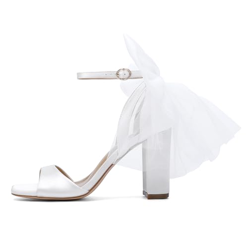Women's Satin Wedding White Bow Heels for Women Block Chunky White Heels Wedding Shoes for Bride White Dress Shoes for Women2