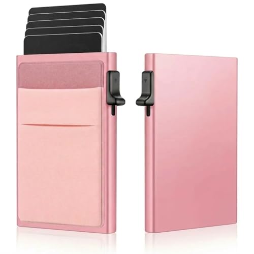 Tarjetero Mujer, Tarjetero Metalico Automático Mujer con Bloqueo RFID, Porta Tarjetas de Credito Resitente, Cartera Tarjetero Mujer, Portatarjetas, Cartera de Mujer con Doble Bolsillo Exterior, (Rosa)