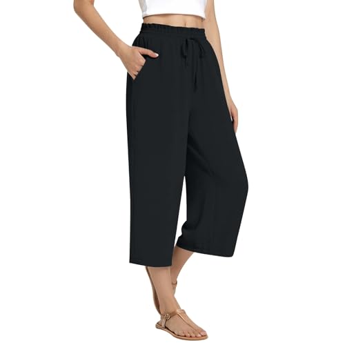 Wide Leg Capri Pants for Women Loose High Waisted Elastic Cotton Linen Pants Drawstring Casual Trousers with Pockets4
