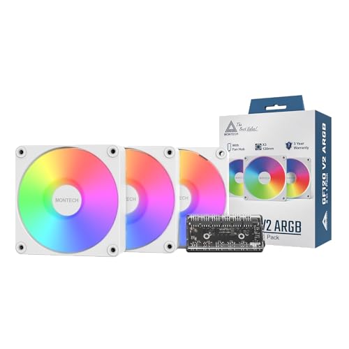 Image of MONTECH GF120 V2 ARGB 120mm Case Fan - Sleek & Minimalist Design, High Airflow, Hydraulic Bearing, Quiet Performance, Vibrant ARGB Lighting, 3 in 1 Pack with 6X6 Fan Hub,White