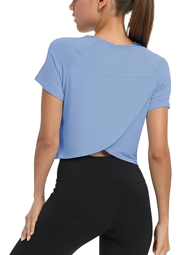 CharmWM Girls Workout Summer Crop Tops Kids Fashion Crew Neck Cropped Split Back Athletic Gym Exercise Short Sleeve T Shirts Basic Tees Size 3-14 Years Blue
