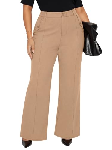 Charming Ashley Plus Size Women's Wide Leg Dress Pants - Slacks for Business Casual, Work Clothes for Office Light Apricot