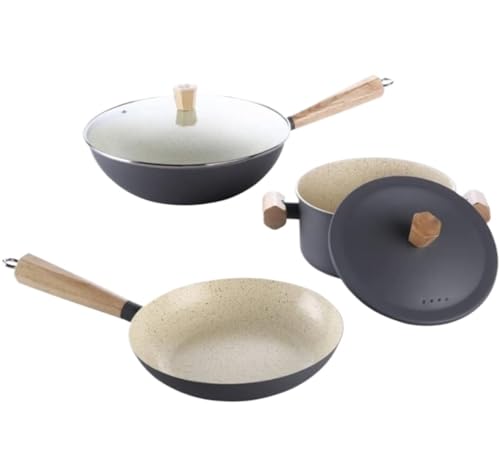Batería de Cocina Mangos Olla De Sopa Wok 3 Uds, Sartén Antiadherente Hierro, Juego Ollas Para Con Tapa, Cocina Juego de Ollas Utensilios
