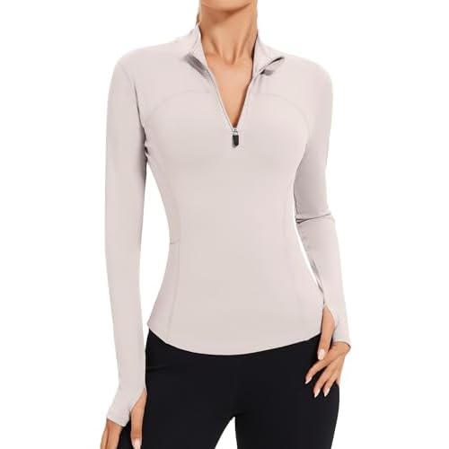 AKEWEI Womens Long Sleeve Workout Tops Quarter Zip Pullover Quick Dry Crop Athletic Slim Fit Yoga Shirts Ivory Large
