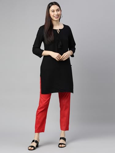 Image of MINELLI Women Solid Cigar Pants, Cotton Lycra Slub Fabric, Elasticated Waistband, Pull On Style, Regular Fit Bottom Wear for Western and Ethnic Wear