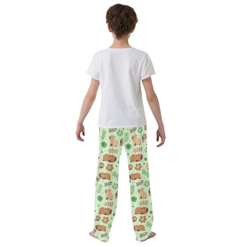 Cute Capybara Green Flowers Cute Pajama Pants, Soft Sleepwear Lounge Pants Pajama Pj Bottoms for 6-14 Years3