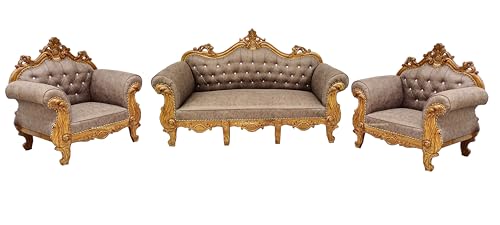 Image of Wooden 5 Seater Sofa Set | 3+ 1+1 Solid Wood Hand-Carved Brown Sofa with Gold Finish | Traditional Design Furniture for Living Room | Home | Office