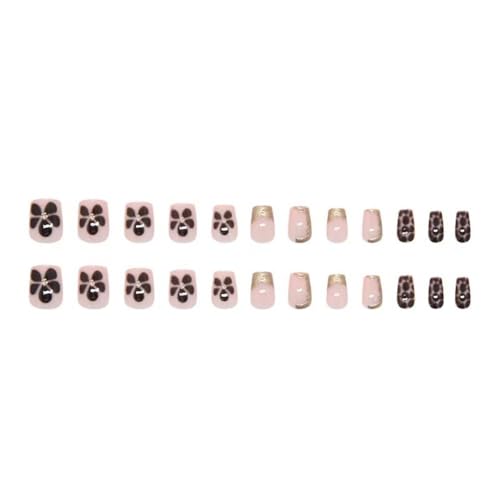 Image of Short Square Press on Nails Flower Fake Nails Gold Chrome Glue on Nails Glossy Full Cover Stick on Nail Reusable Artificial Acrylic French Tip False Nail for Women Girls Manicure 24Pcs