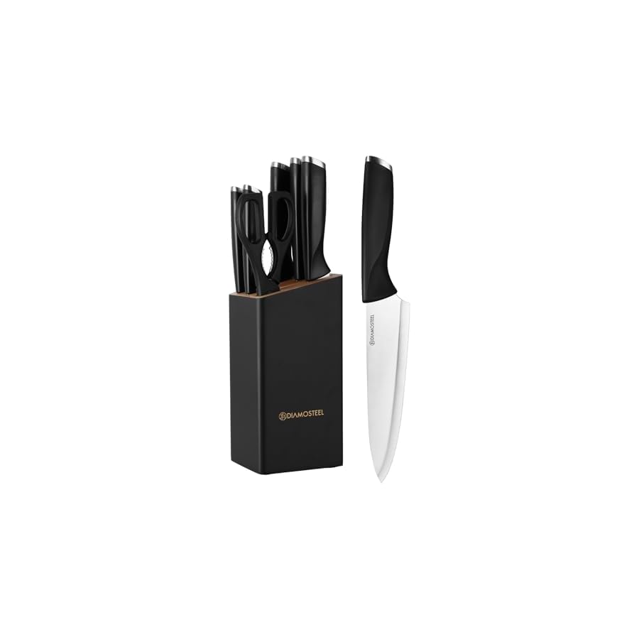 Black-Knife-Set-with-Block-7-Pieces-Sharp-Knife-Block-Set-with-Stainless-Steel-Blade-and-Ergonomic-Handle-Chef-Slicing-Bread-Utility-Paring-Knife-Kitchen-Scissors-and-Wooden-Block Diamosteel Black Knife Set with Block, 7 Pieces Sharp Knife Block Set with Stainless Steel Blade and Ergonomic Handle, Chef, Slicing, Bread, Utility, Paring Knife, Kitchen Scissors and Wooden Block
